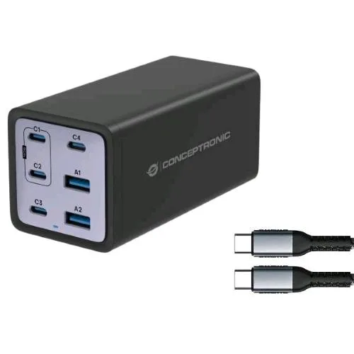 Conceptronic OZUL06BE Caricbatterie da Rete PD USB Gan 200 W 6 Porte (4X USB-C, 2X USB-A, QC 3.0, PD 3.1, PPS) con Cavo di Ricarica USB-C Nero