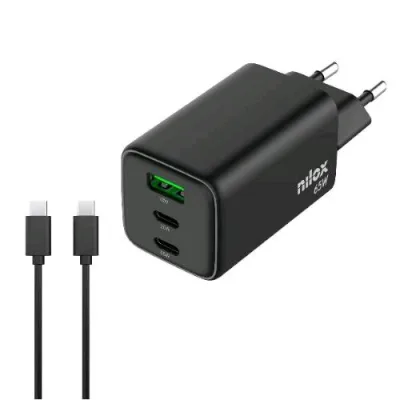 Nilox Caricabatterie da Rete Gan 65 W 3 Porte 2 x USB-C 1 x USB-A + Cavo USB-C 2 Metri Incluso Nella Confezione Nero
