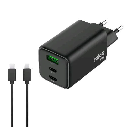 Nilox Caricabatterie da Rete Gan 65 W 3 Porte 2 x USB-C 1 x USB-A + Cavo USB-C 2 Metri Incluso Nella Confezione Nero