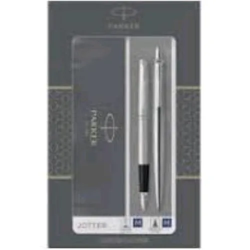 Parker Jotter Duo Set con Penna a Sfera e Stilografica in Acciaio Finitura Cromate Inchiostro Blu