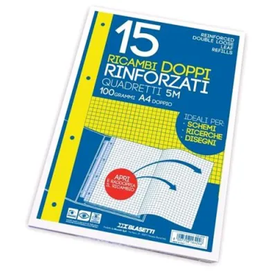 Blasetti Ricambi Doppi Rinforzati A4 100 g Quadretti 4M Bianco 15 Fogli Conf 1 Pz.