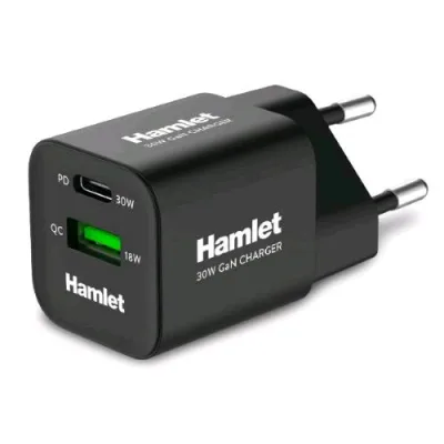 Hamlet Xpdc-G3018Q Alimentatore Gan 1 x USB-C Power Delivery 3.0 30 W + 1 x USB-A Quick Charge 3.0 18 W Nero
