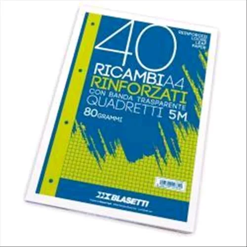 Blasetti Ricambi Rinforzati A4 80 g Quadretti 5M Bianco 40 Fogli Conf 1 Pz.