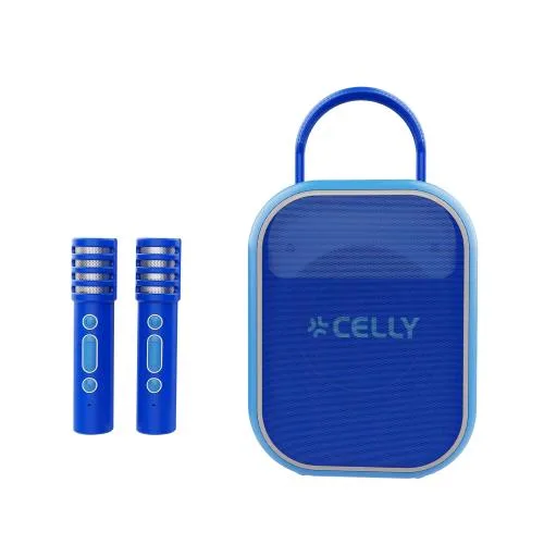 Celly PARTYKIDS2 Speaker Wireless 10 W con 2 Microfoni Wireless con Effetti Vocali per Bambini Luci RGB Vano Portamicrofoni Sul Retro Dello Speaker Blu