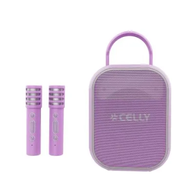 Celly PARTYKIDS2 Speaker Wireless 10 W con 2 Microfoni Wireless con Effetti Vocali per Bambini Luci RGB Vano Portamicrofoni Sul Retro Dello Speaker Viola