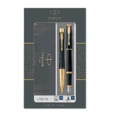 Parker Urban Duo Penna a Sfera e Penna Stilografica Corpo Nero Opaco Finiture Dorate Inchiostro Blu Confezione Regalo