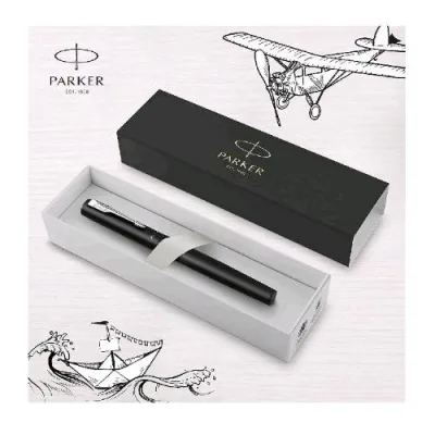 Parker Vector XL Penna Roller Punta F Corpo Nero Metallizzato Puntale Cromato Inchiostro Nero Confezione Regalo