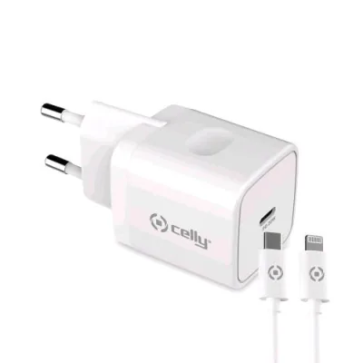 Celly Power Delivery Caricabatterie da Rete 20 W con Cavo USB-C a Lightning Bianco