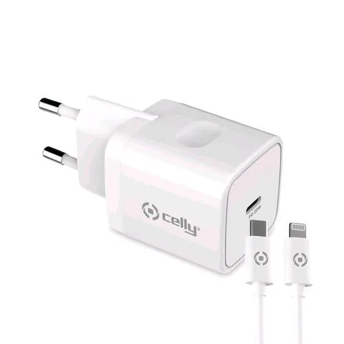 Celly Power Delivery Caricabatterie da Rete 20 W con Cavo USB-C a Lightning Bianco