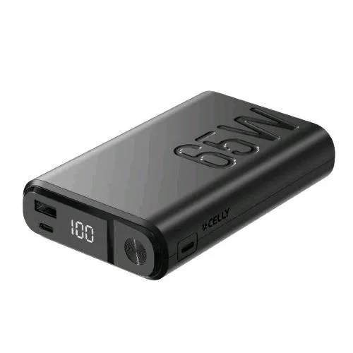 Celly Powerbank 20.000mAh PD 65 W con Display LED Integrato 1 Porta di Ingresso USB-C, 2 Porte di Uscita USB-C e 1 Porta di Uscita USB-A