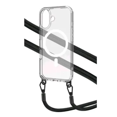 Celly Apple iPHONE 16 Cover Magsafe Trasparente con Laccetto in Nylon Nero