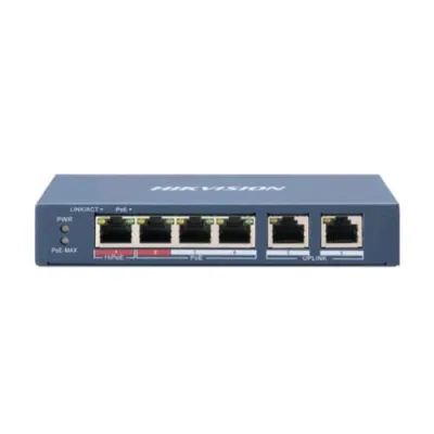 Hikvision DS-3E0106HP-E Switch di Rete Non Gestito 4 Porte LAN 10/100 Mbps RJ45 + 2P POE 10/100 Mbps RJ45 Blu