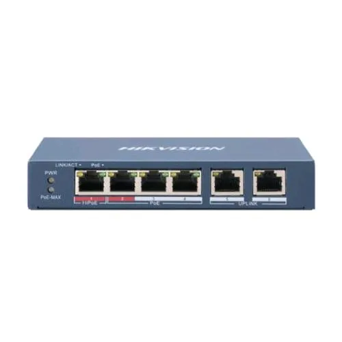 Hikvision DS-3E0106HP-E Switch di Rete Non Gestito 4 Porte LAN 10/100 Mbps RJ45 + 2P POE 10/100 Mbps RJ45 Blu