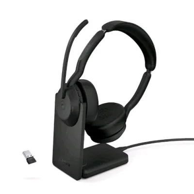 Jabra EVOLVE2 55 Duo MS LINK380 Cuffie Stereo con Micofono Wireless Bluetooth a Padiglione Cancelazione Attiva del Rumore con Base di Ricarica USB-A Black