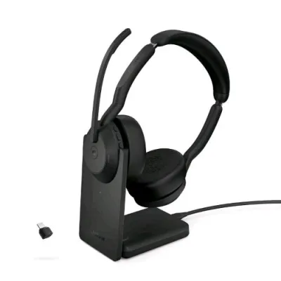 Jabra EVOLVE2 55 Duo MS LINK380C Cuffie Stereo con Micofono Wireless Bluetooth a Padiglione Cancelazione Attiva del Rumore con Base di Ricarica USB-C Black
