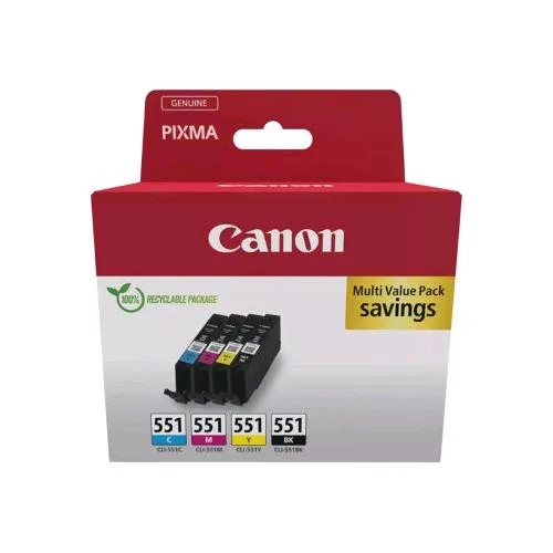 Canon Cli-551 Multipack 4 Confezione da 7 ml Nero, Giallo, Ciano, Magenta per Maxify MG6650; Pixma iP8750, iX6850, MG5550, MG5650, MG6650, MG7550, MX725; Pixus MG7550