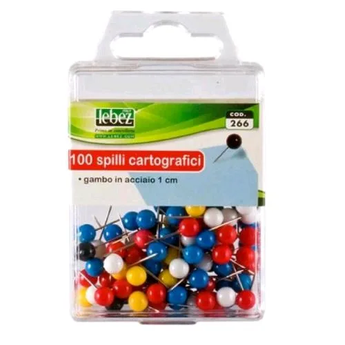Lebez Spilli Cartografici Gambo in Acciaio da 1 cm Testina Tonda in Plastica Colori Assortiti Conf 100 Pz.
