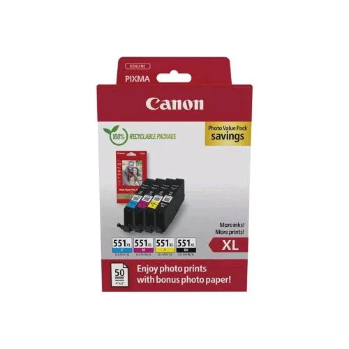 Canon Cli-551XL C/M/Y/BK Photo Value Pack Confezione da 4 XL 11 ml Nero-Giallo-Ciano-Magenta per Maxify MG6650; Pixma iP8750, iX6850, MG5550, MG5650, MG6650, MG7550, MX725; Pixus MG7550 + 50 Fogli Photo Paper Plus Glossy II 101.6 x 152.4 mm