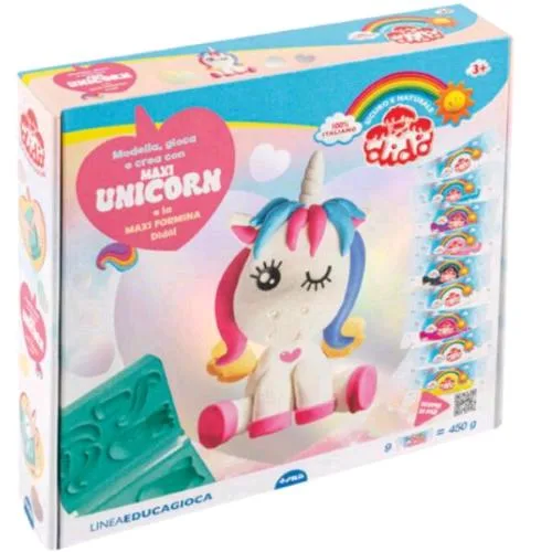 DIDO Pasta da Modellare Scatola Oleografica Maxi Unicorn con 9 Salsicciotti da 50 g Formina Mattarello e Tanto Altro Colori Assortiti