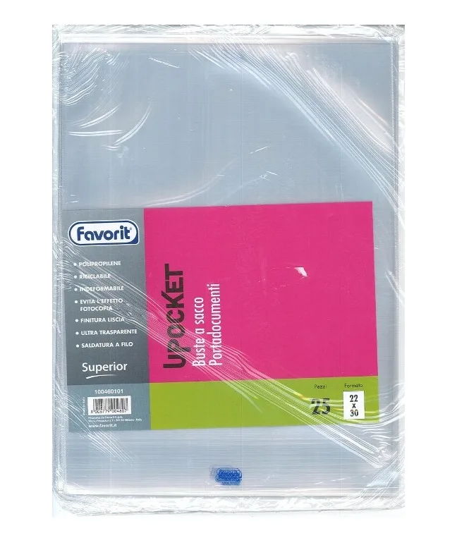 Favorit Upocket Buste Senza Foratura in PP CM 22X30 A4 Liscia Trasparente Conf 25 Pz.