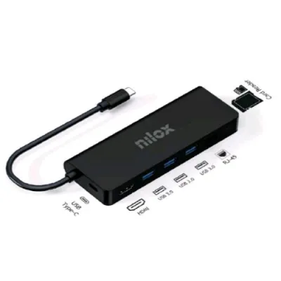 Nilox Dock Hub USB-C 8 in 1 3 Porte USB 3.0 5Gbps S 1 x Lettore SD 1 Lettore Micro-SD Ethernet 1IN Gresso PD fino a 100W 1 x HDMI 4K