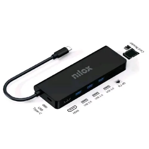 Nilox Dock Hub USB-C 8 in 1 3 Porte USB 3.0 5Gbps S 1 x Lettore SD 1 Lettore Micro-SD Ethernet 1IN Gresso PD fino a 100W 1 x HDMI 4K