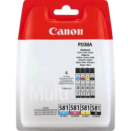 Canon Cli-581 BK/C/M/Y Multi Pack Confezione da 4 Ink 5.6 ml Nero Giallo Ciano Magenta per Pixma TS6251, TS6350, TS6351, TS705, TS8251 Blister con Allarme