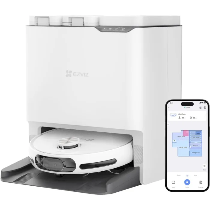 Ezviz RS20 Max Robot Aspirapolvere Lavapavimenti con Stazione Base Autopulente Anti Grovigli Telecamera e Navigazione LDS Bianco