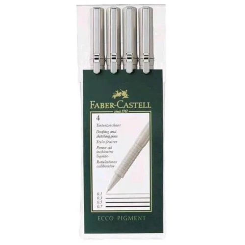 Faber Castell Ecco Pigment Inchiostro Pigmentato Nero 4 Punte in Fibra Ad Ago 0.2-0.4- 0.6-0.8 mm Conf. 4 pz