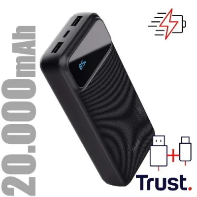 Trust Avala Powerbank 20.000mAh Carica Veloce Display 2 USB-A 18W QC 3.0 Auto Detect + 1 USB-C 20W PD 3.0 + PPS Cavo USB-C Incluso Nero