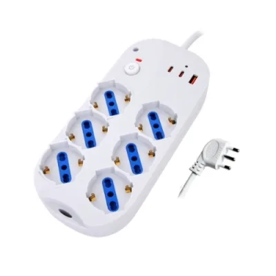 Atlantis Land Atlantis P011-SL4016-W Multipresa 6 Posti (6 Schuko/ITA-Bip. 10/16A)+ 1 x USB-A 2 x USB-C 20 W Spina 10A a 90 Gradi Bianco