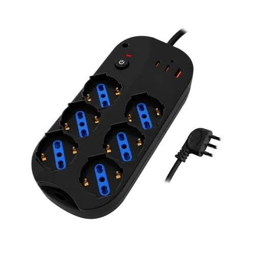 Atlantis Land Atlantis P011-SL4016-W Multipresa 6 Posti (6 Schuko/ITA-Bip. 10/16A)+ 1 x USB-A 2 x USB-C 20 W Spina 10A a 90 Gradi Nero