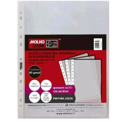 Molho Leone Buste con Foratura Universale in PP 100 Micron Finitura Liscia 300X220 mm Trasparente Conf 50 Pz.