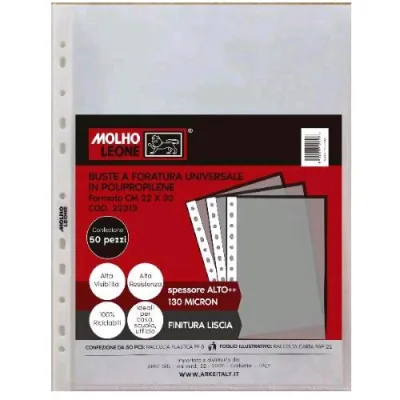 Molho Leone Buste con Foratura Universale in PP 130 Micron Finitura Liscia 300X220 mm Trasparente Conf 50 Pz.
