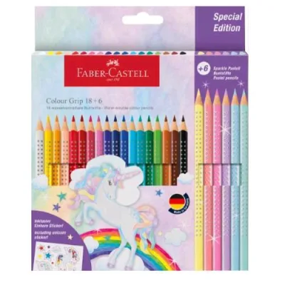 Faber Castell Colour Grip Pastelli Mina 3 mm Fusto Esagonale con Adesivi Unicorno Colori Assortiti Conf 24 Pz.