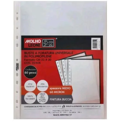Molho Leone Buste con Foratura Universale in PP 60 Micron Finitura Buccia D'arancio 300X220 mm Trasparente Conf 50 Pz.