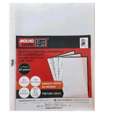 Molho Leone Buste con Foratura Universale in PP 60 Micron Finitura Liscia 300X220 mm Trasparente Conf 50 Pz.