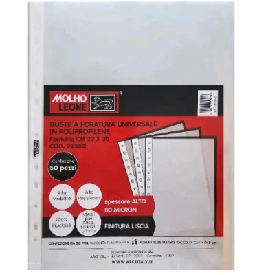 Molho Leone Buste con Foratura Universale in PP 80 Micron Finitura Liscia 300X220 mm Trasparente Conf 50 Pz.