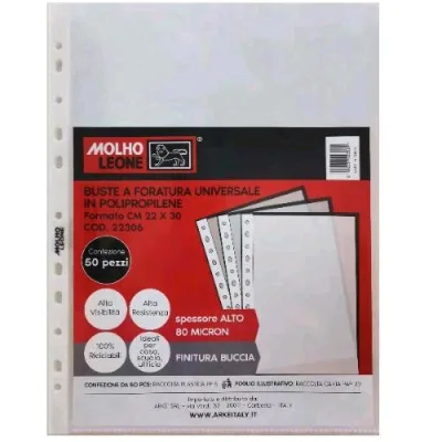 Molho Leone Buste con Foratura Universale in PP Buccia D'arancia 300X220 mm A4 Trasparente Conf 50 Pz.