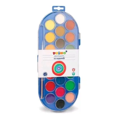 Primo Acquerelli in Scatola di Plastica con 22 Pastiglie da 30 mm Colori Assortiti