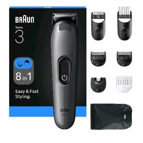 Braun AIO3540 Regolabarba e Capelli Ricaricabile 8 in 1 Lama Ultra Affilata 14 Lunghezze Grigio