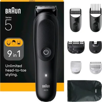 Braun AIO5540 Rasoio Multigrooming Elettrico Ricaribile 120 Min di Autonomia Protezione Skinguard per il Corpo Manico Aquagrip