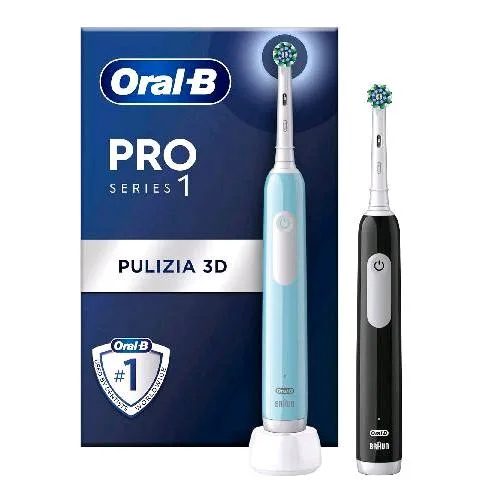 Braun Pro Serie 1 Spazzolino Elettrico Ricaricabile con 2 Testine di Ricambio Conf 2 Pz. Nero Blu