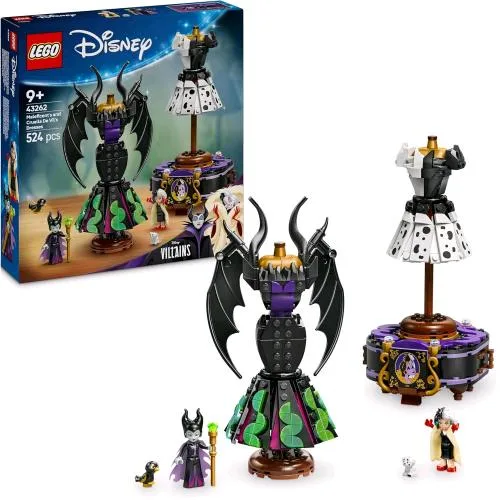 LEGO Disney Abiti di Malefica e Crudelia De Mon con Espositore Personalizzabile 2 Mini Bamboline e 2 Animali