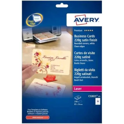 Avery Biglietti da Visita 85X45 mm A6 260 g con Angoli Arrotondati Stampabili Fronte Retro Finitura Satinata Conf 250 Pz.