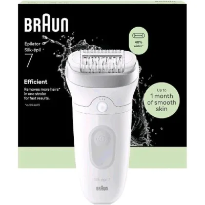 Braun Silkepil 7 Epilatore a Testina Larga Wet & DRY Cattura Peli fino a 0.5mm Bianco Argento