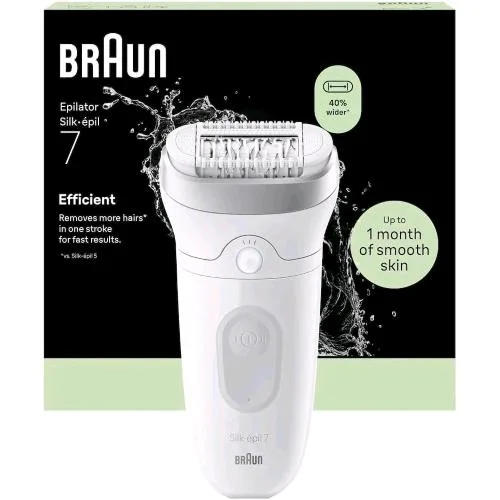 Braun Silkepil 7 Epilatore a Testina Larga Wet & DRY Cattura Peli fino a 0.5mm Bianco Argento