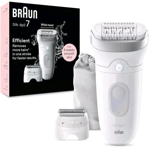 Braun Silkepil 7 Epilatore Elettrico Donna con Testina Ampia per una Epilazione Semplice Wet & DRY Bianco Argento