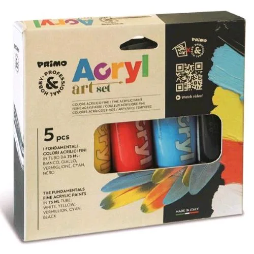 Primo Colori Acrilici Primari in Tubi da 75 ml Colori Assortiti Conf 5 Pz.