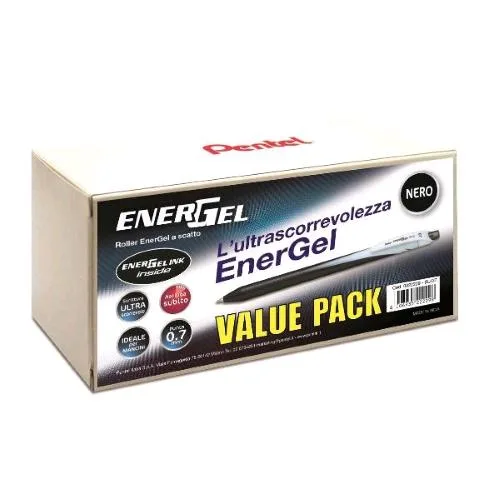 Pentel Energel Slim Penna Roller a Scatto Punta Conica 0.7 mm Inchiostro Nero Conf 24 Pz.